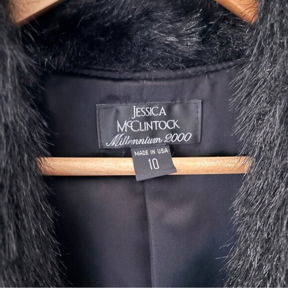 Jessica McClintock Vintage Black Satin Faux Fur Blazer Jacket Zip Up Size S / M - Picture 6 of 11